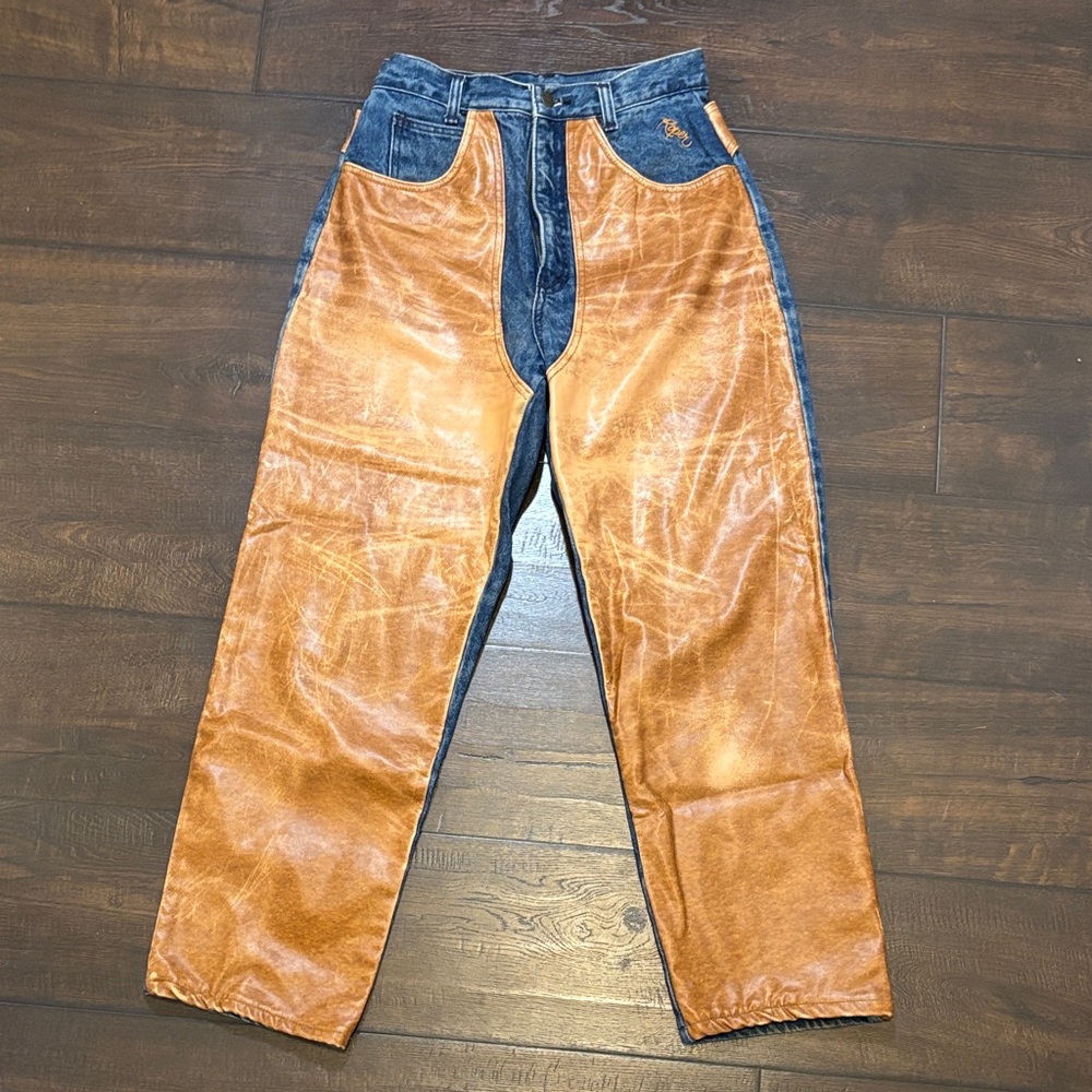 Vintage Relaxed Two-Tone Brown Leather-Front Jeans